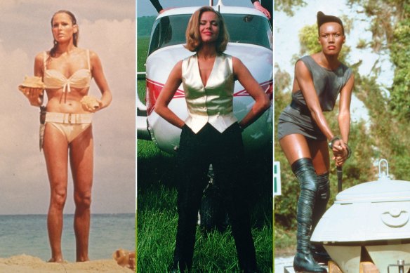Ursula Andress as Honey Ryder in the bikini that started it all in Dr No (1962); Honor Blackman as Pussy Galore wore clothes with mannish touches in Goldfinger (1964); Grace Jones wearing Azzedine Alaïa as May Day in A View to a Kill (1985).