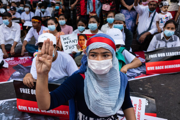 The three-fingered salute, used by anti-coup protesters, is a symbol of resistance and solidarity for democracy movements across south-east Asia. 
