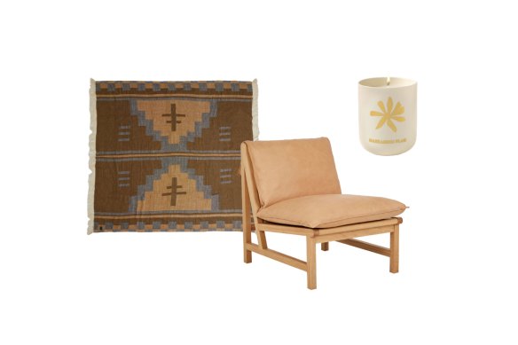 “Mountain” throw; “Cantaloupe” chair; “Marrakech Flair” candle.