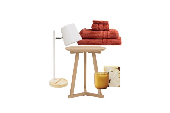 “Pedro” table lamp; “Patara” towels; “Tripod” table; “1967″ candle.