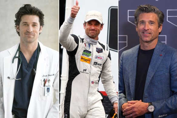 Patrick Dempsey as Dr Derek ‘McDreamy’ Shepherd in the long-running TV series ‘Grey’s Anatomy’; celebrating his podium finish in the IMSA Tudor Series GT race at Virginia International Raceway in 2014 ; in Sydney at the reopening of the TAG Heuer flagship.