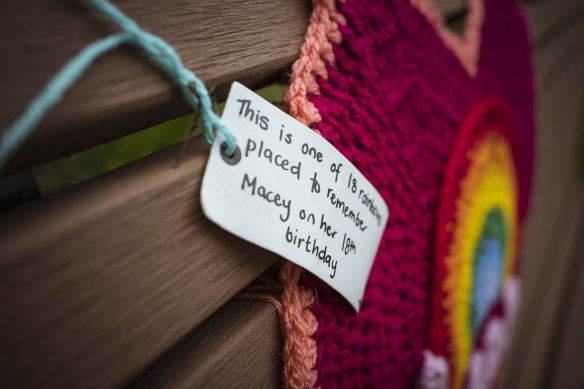Veneta Cue pays tribute to late daughter Macey with yarn bombing installations.