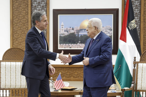US Secretary of State Antony Blinken meets with Palestinian President Mahmoud Abbas amid the ongoing conflict between Israel and the Palestinian Islamist group Hamas, at the Muqata in Ramallah in the Israeli-occupied West Bank.