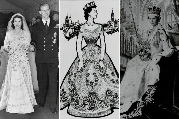 The Queen in her wedding dress by Norman Hartnell, with fabric paid for using war ration coupons; a sketch of the Coronation gown; and Cecil Beaton’s portrait of Queen Elizabeth II in the Coronation gown. 