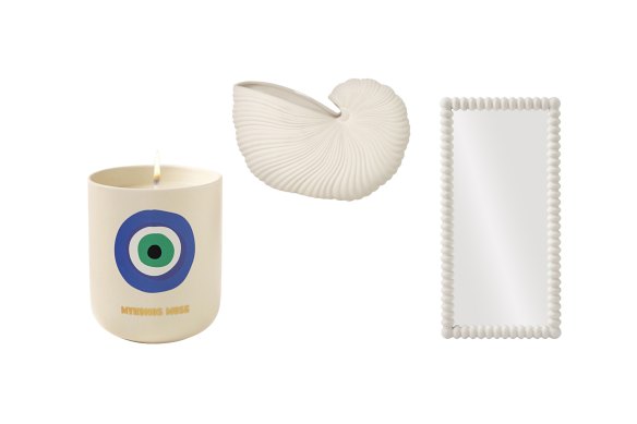 “Mykonos Muse” candle; “Shell” pot; “Faro” floor mirror.  