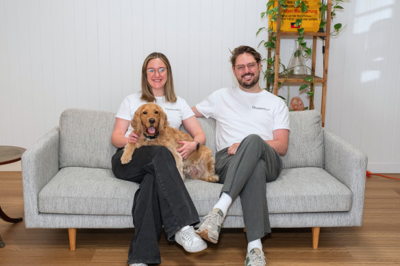 Elita Genetics founders Paloma Newton, Jackson Gritching and their dog, Edgar Allan Paws.