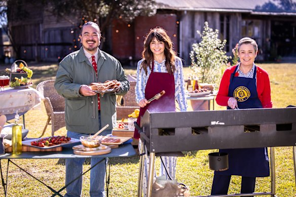 Adam Liaw, Pia Miranda and Ellice Schrader at the barbecue on new ABC cooking show Recipe of the Year.
