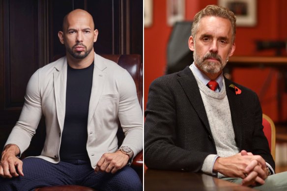 Andrew Tate, left, and Jordan Peterson have both become mega-rich mentors to young men, based on their belief that modern feminism has stripped away what it means to be a man.