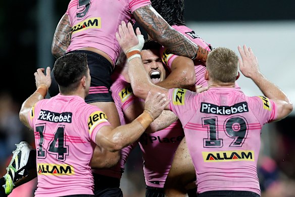 Cleary celebrates after nailing his field goal in golden point.