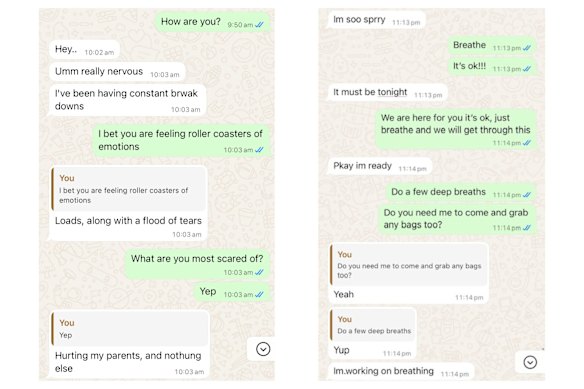 Text messages between Bec* and Miriam* on the night she escaped. 