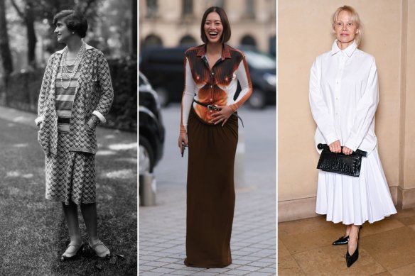 Fashion statements: Coco Chanel (left) in one of her suits in 1929, Jean Paul Gaultier’s nude “body morph” shirt reimagined in 2022, Pamela Anderson at the Jacquemus menswear show in Paris in January.