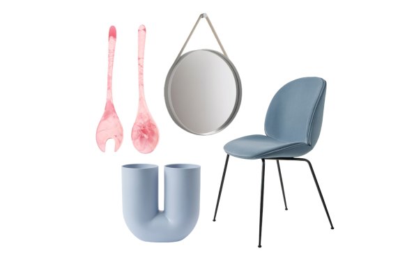 “Dew” servers; “Kink” vase; “Strap” mirror; “Beetle” dining chair.