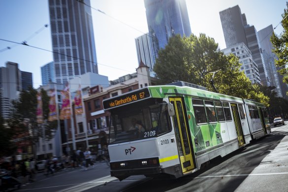 Number 67 tram on Swanston Street in Melbourne’s CBD.