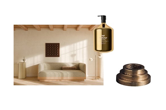 “Gathering” sofa; “Gold Label Buddha Wood” hand wash; “Thalamos Censer” incense holder.  