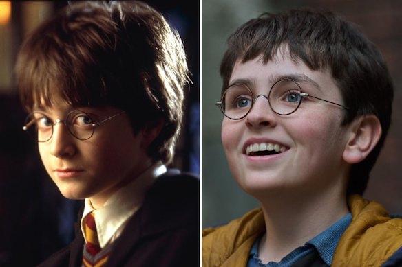 Daniel Radliffe (left) in the original 2001 film Harry Potter and the Philosopher’s Stone and Dominic McLaughlin as the new Harry Potter in the TV series.