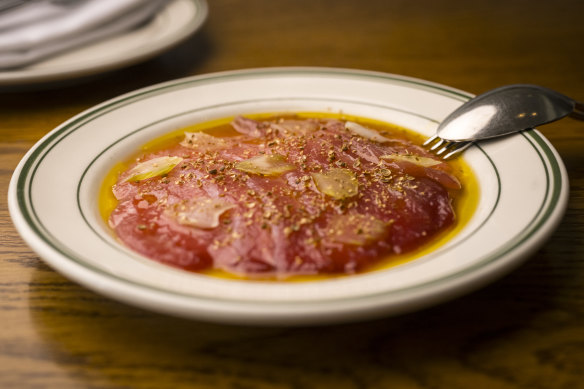 Raw tuna with white soy and pickled celery at Marion. 