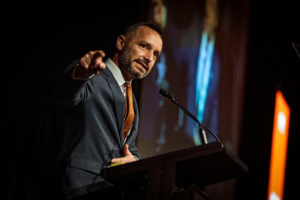 One Nation Victorian leader Warren “The Warrior” Pickering addresses the campaign launch.