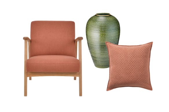 “Den” chair; “Calinda” vase; “Matteo” cushion.