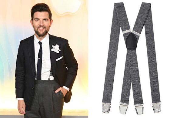 Actor Adam Scott; right: Otaa suspender braces.