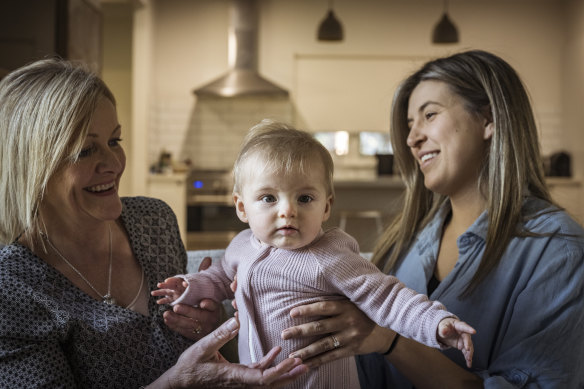 Georgia Ymer and her seven-month-old daughter Yindi with lactation consultant Tracey Davey.