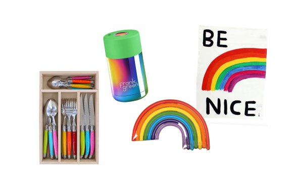 “Debutant” 24-piece cutlery; Frank Green reusable cup; “Dripping Rainbow” trinket tray; “Be Nice” tea towel.