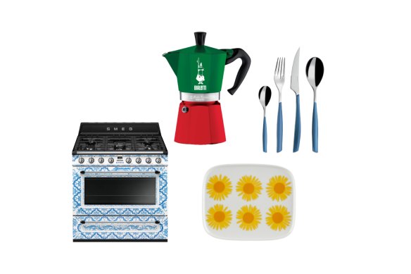 “Majolica” cooker; “Moka Express” coffee maker; “Glamour” 24-piece cutlery set; “Oiva Auringonkukka” plate. 