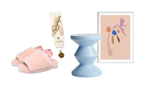 Ugg slides; “Coconutter” lip scrub; “Ziggy Stump” stool; Journey print.  