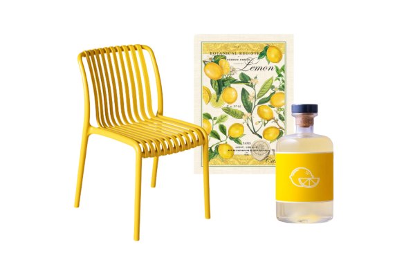 “Jesi” outdoor dining chair; “Lemon Basil” tea towel; Limoncello.