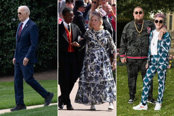 Good sports (from left): US President Joe Biden in Hoka sneakers in March; Katharine, Duchess of Kent in stylish sneakers and Erdem dress in 2018; British musician Rag’n’Bone Man and Beth Rouy got married in Nikes.