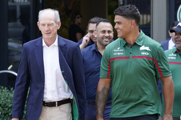 Wayne Bennett and Latrell Mitchell at Redfern Oval in 2020.