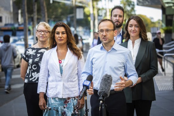Greens leader Adam Bandt (centre) with (left to right) Senator Janet Rice,  Senator Lidia Thorpe, Kooyong candidate Piers Mitchem and Macnamara candidate Steph Hodgins-May.