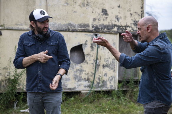 Ryan (right) on the set of Mr Inbetween with director Nash Edgerton, who saw “something amazing” in Ryan at a 2005 film festival.