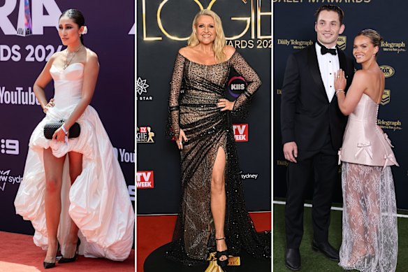 Velani creations worn by (from left) Van-Anh at the 2024 Aria Awards, Channel 10 presenter Angela Bishop at the 2024 Logies and Miranda Cross with partner Cameron Murray at the 2024 Dally M Awards.