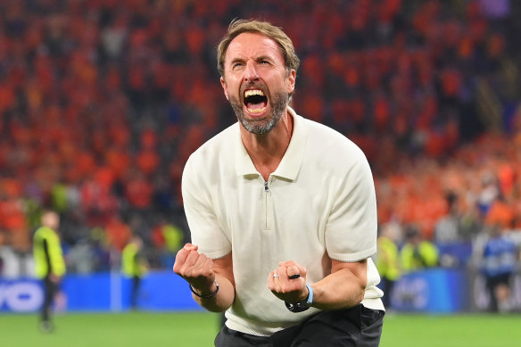 England coach Gareth Southgate celebrates Ollie Watkins’ winning goal.