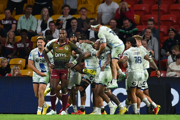 The Blues celebrate the match winning try scored by Sam Nock.