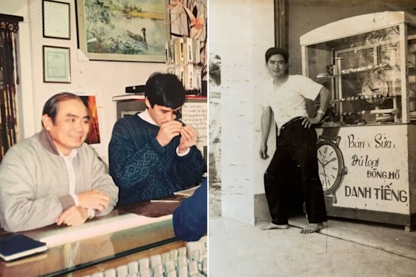 Tania Duong’s grandfather and father in their watchmaking shop in Springvale, Melbourne (left) and her grandfather in Vietnam.