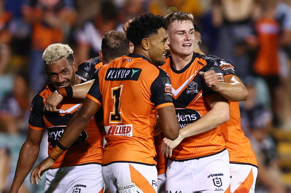 Tigers rising star Lachie Galvin (right) has been backed to perfectly complement Jarome Luai in the halves.