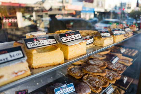 Fresh cakes displayed in the window of Europa.