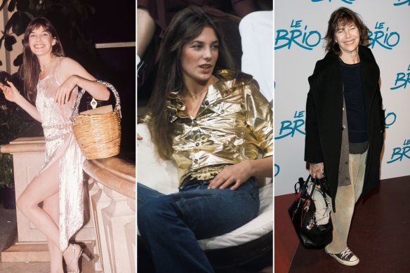 “To the French and because of her relationship with Serge Gainsbourg, she was an eternal symbol of the youth culture of the late ’60s and ’70s,” says former Vogue Australia editor Kirstie Clements. “Young, cool and free-spirited.” Jane Birkin in 1974 in Cannes with her wicker basket; on television in 1974; in 2017 with her Birkin bag.