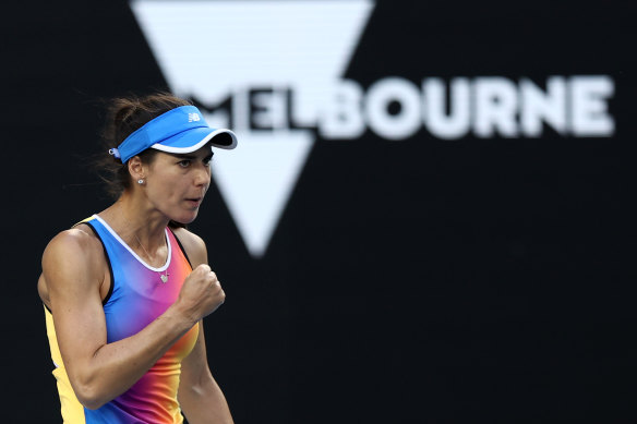 Sorana Cirstea of Romania celebrates in her fourth round singles match against Iga Swiatek of Poland.