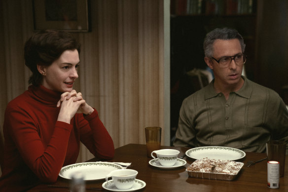 Anne Hathaway and Jeremy Strong. Director James Gray used his own family’s plates in his drive for authenticity.