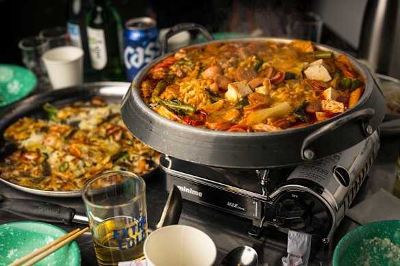 Army stew (budae jjigae) at Seven Star Pocha is packed with sausages, beans, tofu and kimchi.