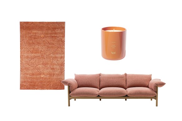 “Dream” rug in Almond; “Wilfred” three-seater sofa; “Boronia” scented candle.  