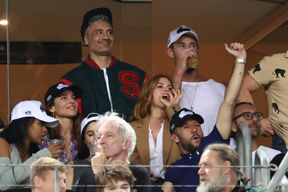 Taika Waititi, Chris Hemsworth, Elsa Pataky, Isla Fisher and Russell Crowe watch the Rabbitohs take on the Roosters on the weekend.