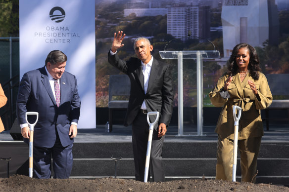 Former President Barack Obama (centre) at the groundbreaking ceremony for his Obama Presidential Centre in Chicago in September 2021. 