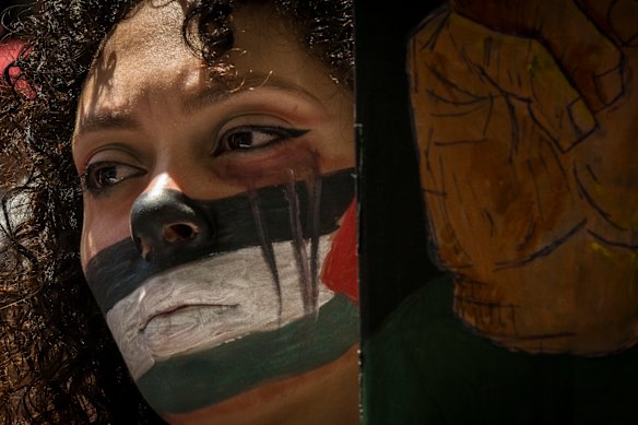 A Free Palestine protester at a Melbourne rally in 2023.