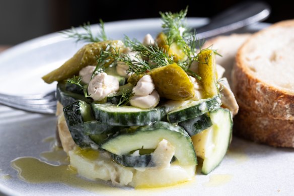 Bismarck salad with salted herring, kipfler potatoes, caramelised yoghurt, pickled onion and capers.