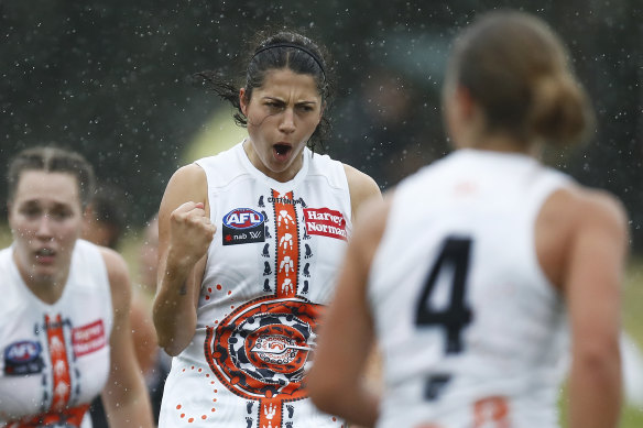 Rebecca Privitelli booted three goals for the Giants in their win over St Kilda on Saturday.