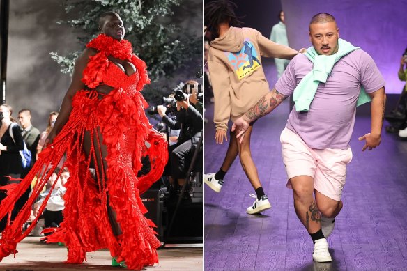 Models Bedi Othow in the Independent Runway Show at the Collingwood Yards and Mikey Nguyen in Homie for the Melbourne Fashion Festival.