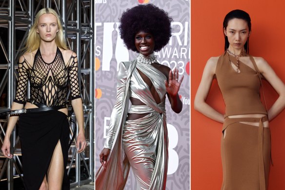 Hips don’t lie: Maximum exposure at Dion Lee’s autumn/winter 2023 collection at New York Fashion Week; Jodie Turner Smith in Zuhair Murad at the Brit awards; a dress from Sir The Label’s spring summer 2023 range.